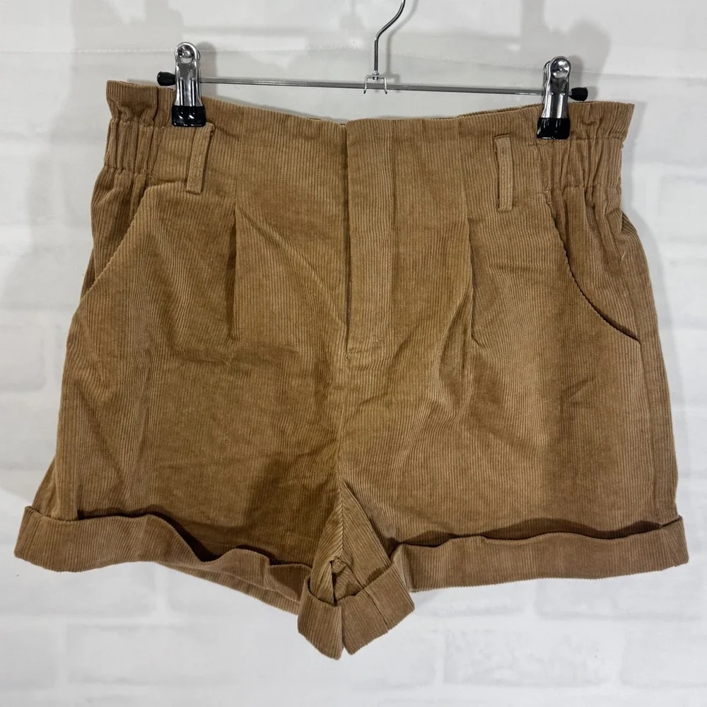 Cider Corduroy Shorts Womens Size L High Waist Tan Brown Paperbag‎ Waist